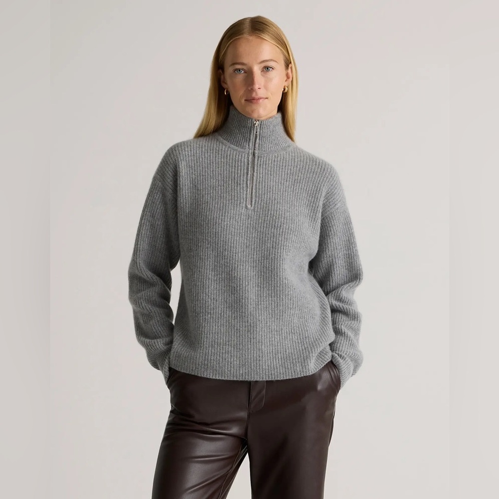 Quince Mongolian Cashmere Fisherman Quarter Zip Sweater in Heather Grey